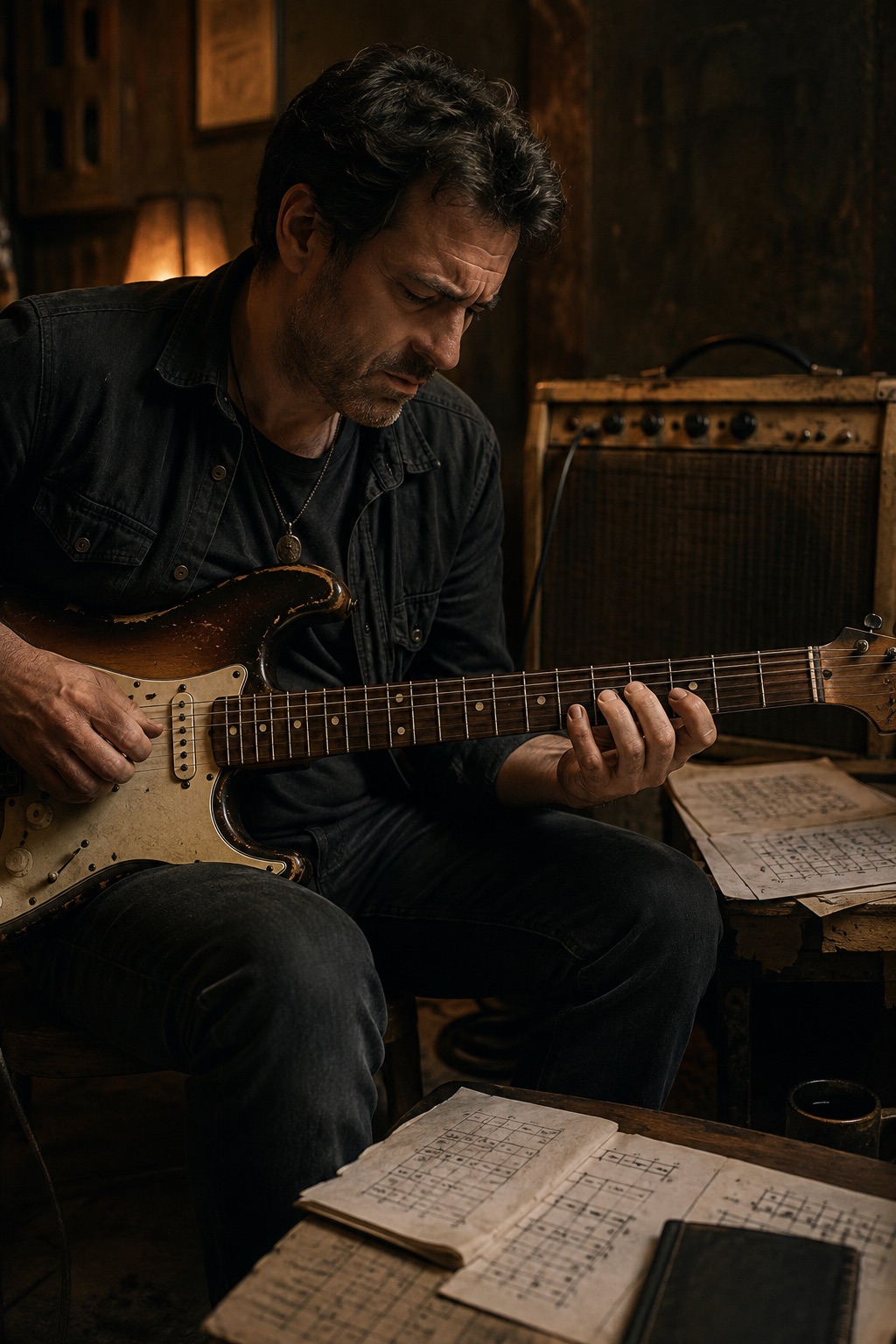 Guitarrista frustrado repetindo escalas mecanicamente em uma sala de estudo